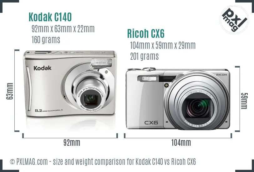 Kodak C140 vs Ricoh CX6 size comparison