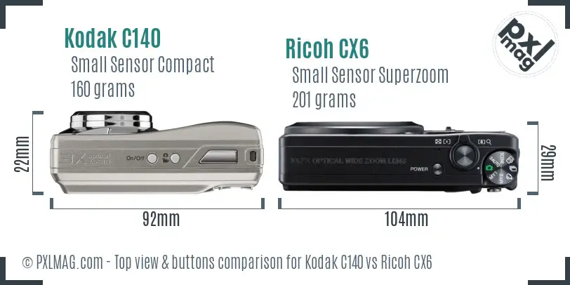 Kodak C140 vs Ricoh CX6 top view buttons comparison