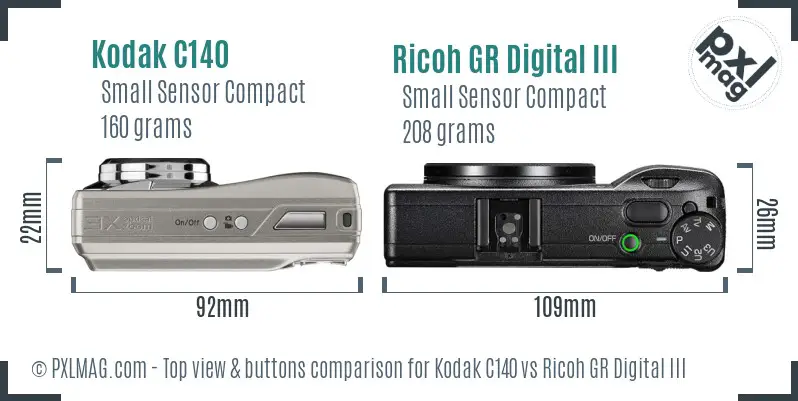 Kodak C140 vs Ricoh GR Digital III top view buttons comparison Kodak C140 vs Ricoh GR Digital III top view buttons comparison