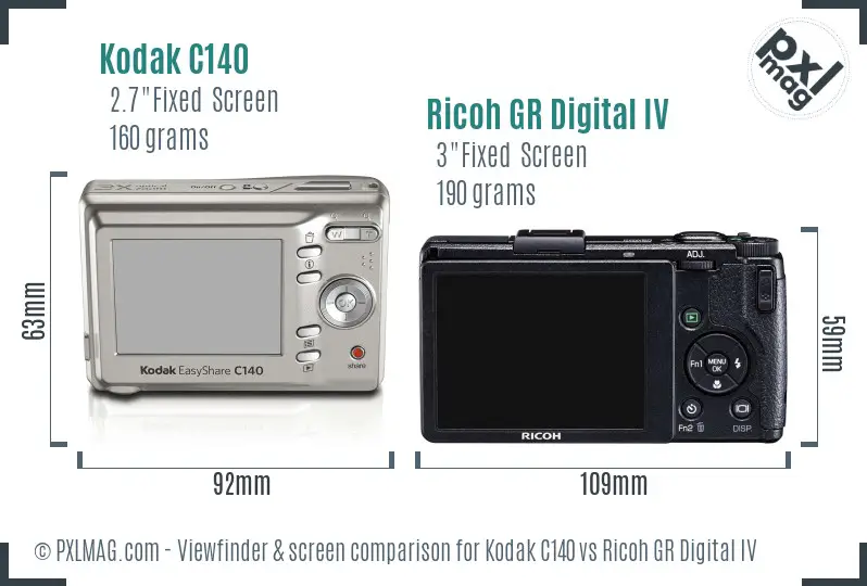 Kodak C140 vs Ricoh GR Digital IV Screen and Viewfinder comparison
