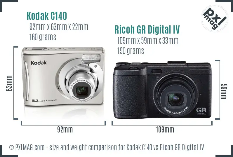 Kodak C140 vs Ricoh GR Digital IV size comparison