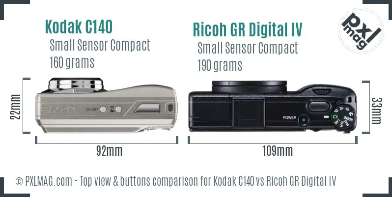 Kodak C140 vs Ricoh GR Digital IV top view buttons comparison