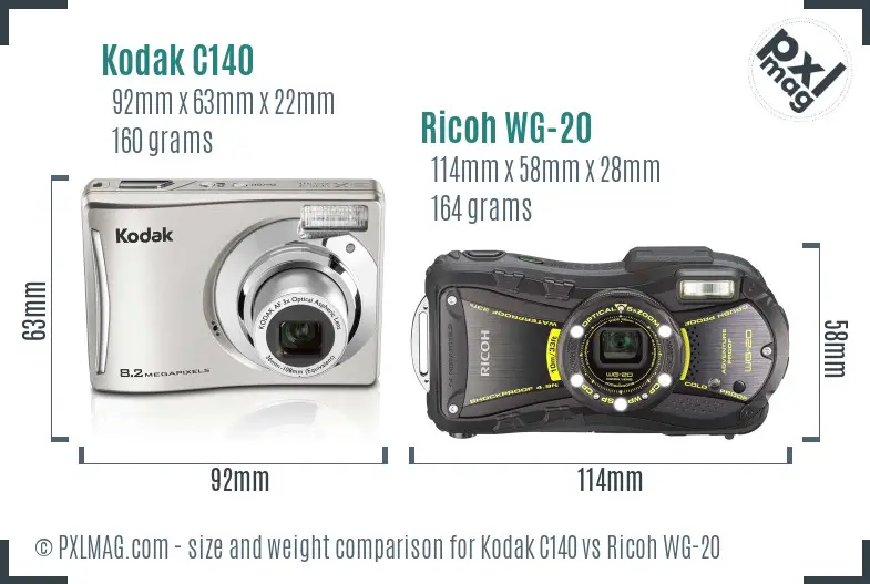 Kodak C140 vs Ricoh WG-20 size comparison