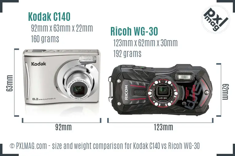 Kodak C140 vs Ricoh WG-30 size comparison