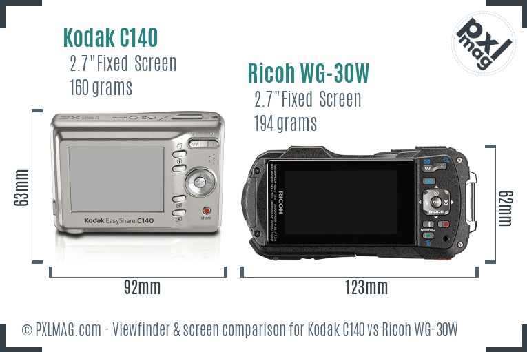Kodak C140 vs Ricoh WG-30W Screen and Viewfinder comparison