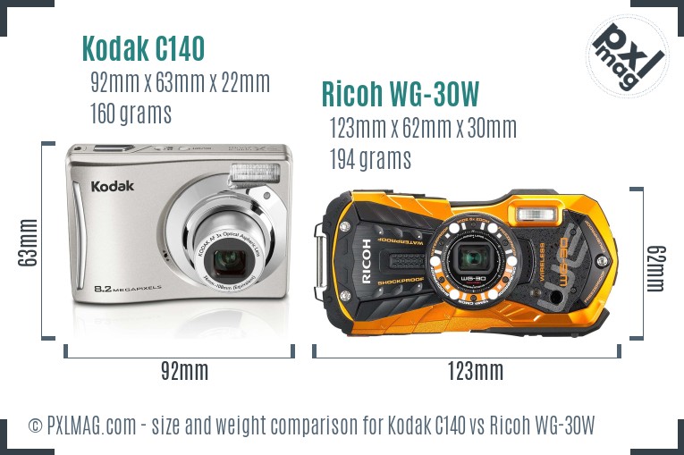 Kodak C140 vs Ricoh WG-30W size comparison