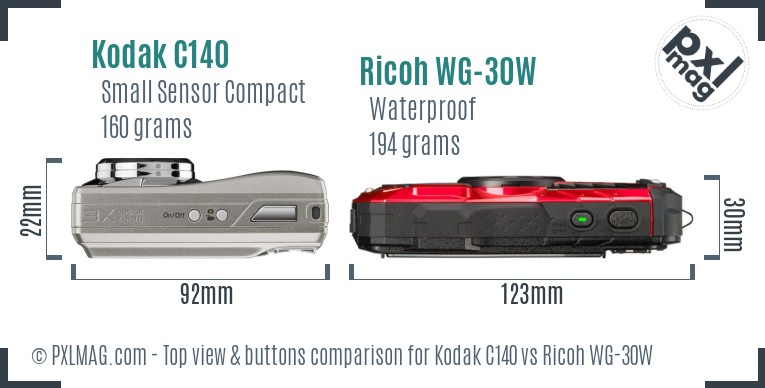 Kodak C140 vs Ricoh WG-30W top view buttons comparison
