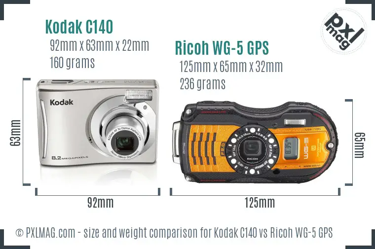 Kodak C140 vs Ricoh WG-5 GPS size comparison