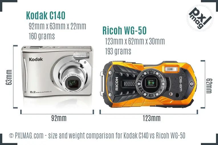 Kodak C140 vs Ricoh WG-50 size comparison