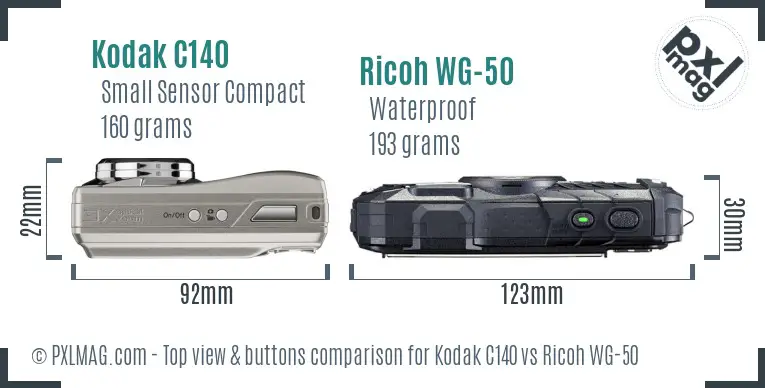 Kodak C140 vs Ricoh WG-50 top view buttons comparison