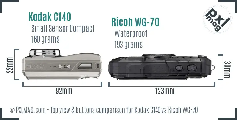 Kodak C140 vs Ricoh WG-70 top view buttons comparison