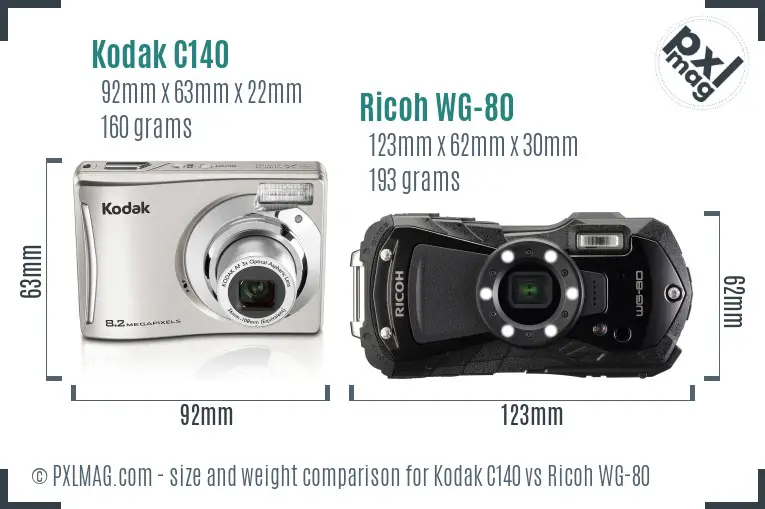 Kodak C140 vs Ricoh WG-80 size comparison