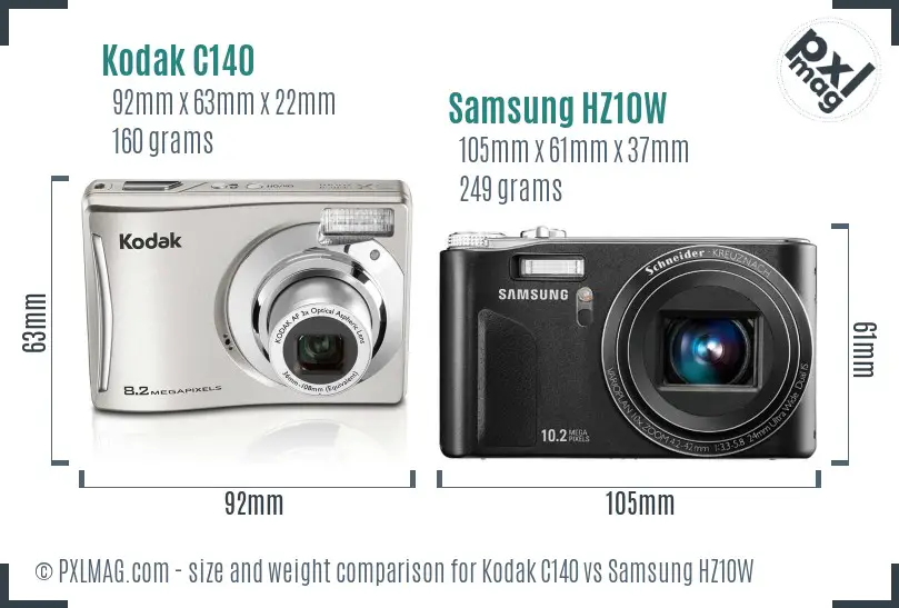 Kodak C140 vs Samsung HZ10W size comparison
