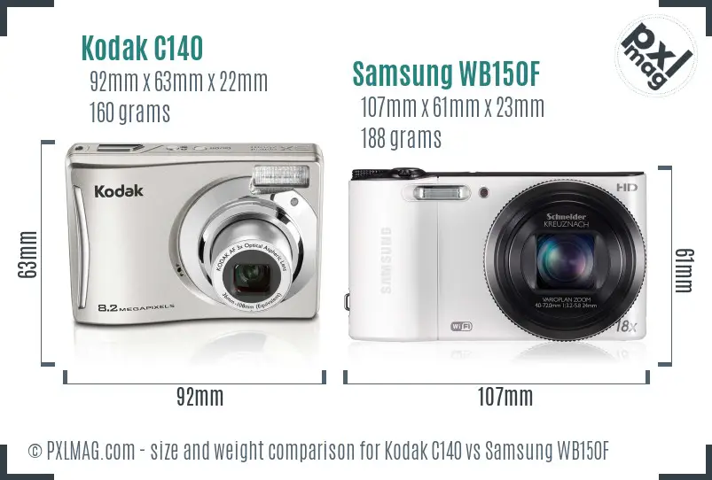 Kodak C140 vs Samsung WB150F size comparison