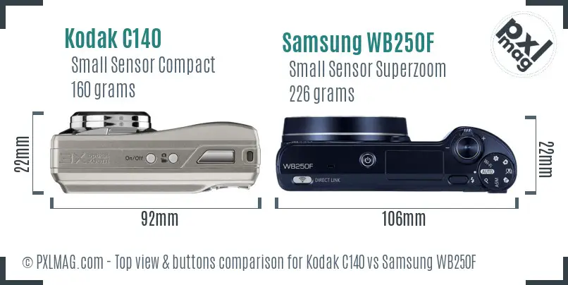 Kodak C140 vs Samsung WB250F top view buttons comparison Kodak C140 vs Samsung WB250F top view buttons comparison