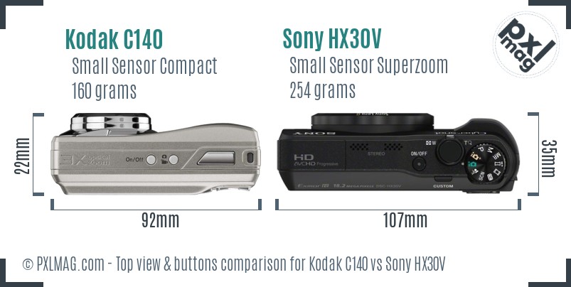 Kodak C140 vs Sony HX30V top view buttons comparison