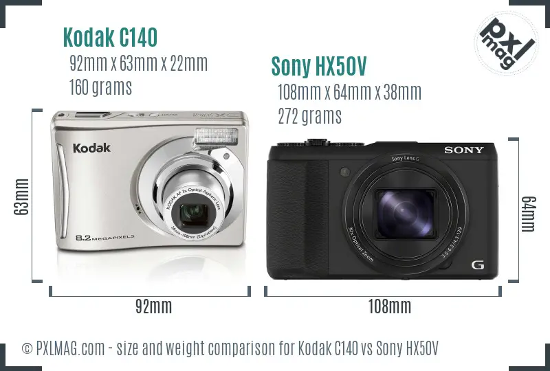 Kodak C140 vs Sony HX50V size comparison