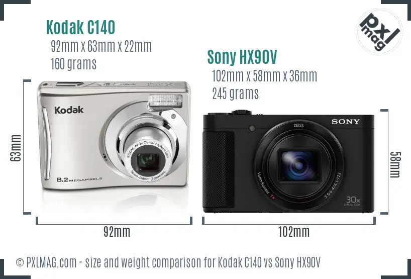 Kodak C140 vs Sony HX90V size comparison