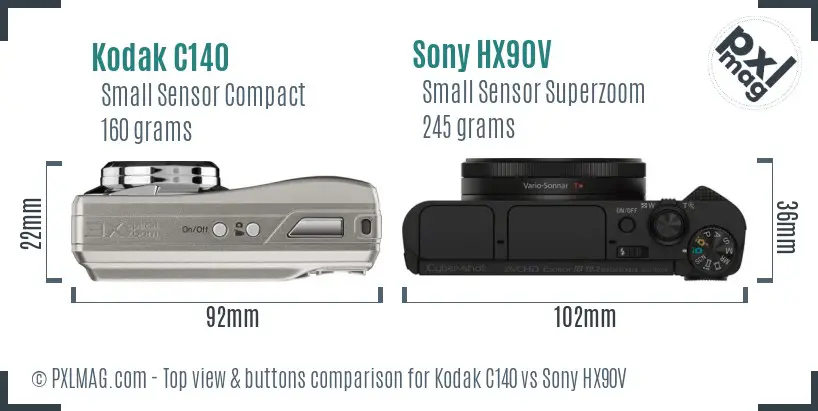 Kodak C140 vs Sony HX90V top view buttons comparison