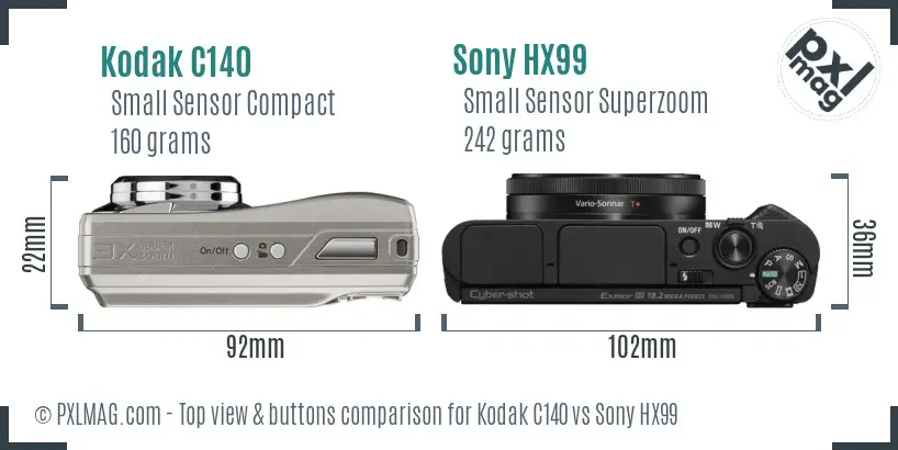 Kodak C140 vs Sony HX99 top view buttons comparison Kodak C140 vs Sony HX99 top view buttons comparison