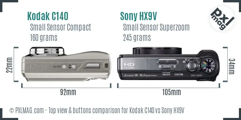 Kodak C140 vs Sony HX9V top view buttons comparison Kodak C140 vs Sony HX9V top view buttons comparison