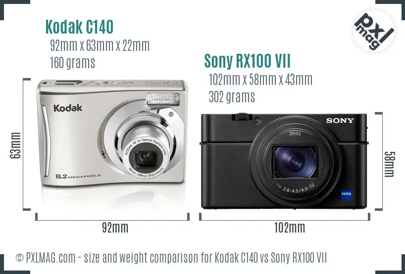 Kodak C140 vs Sony RX100 VII size comparison
