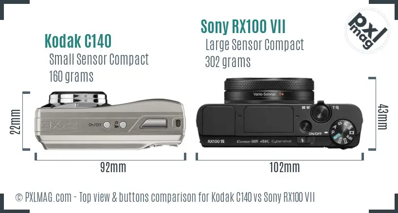 Kodak C140 vs Sony RX100 VII top view buttons comparison