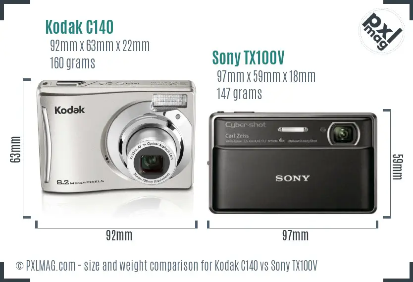 Kodak C140 vs Sony TX100V size comparison