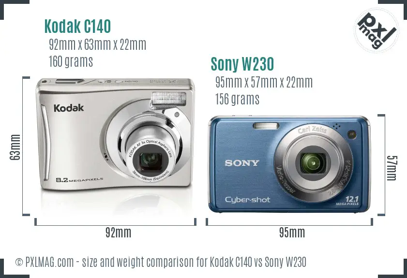 Kodak C140 vs Sony W230 size comparison