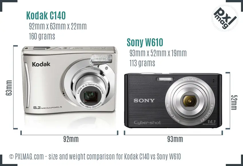 Kodak C140 vs Sony W610 size comparison