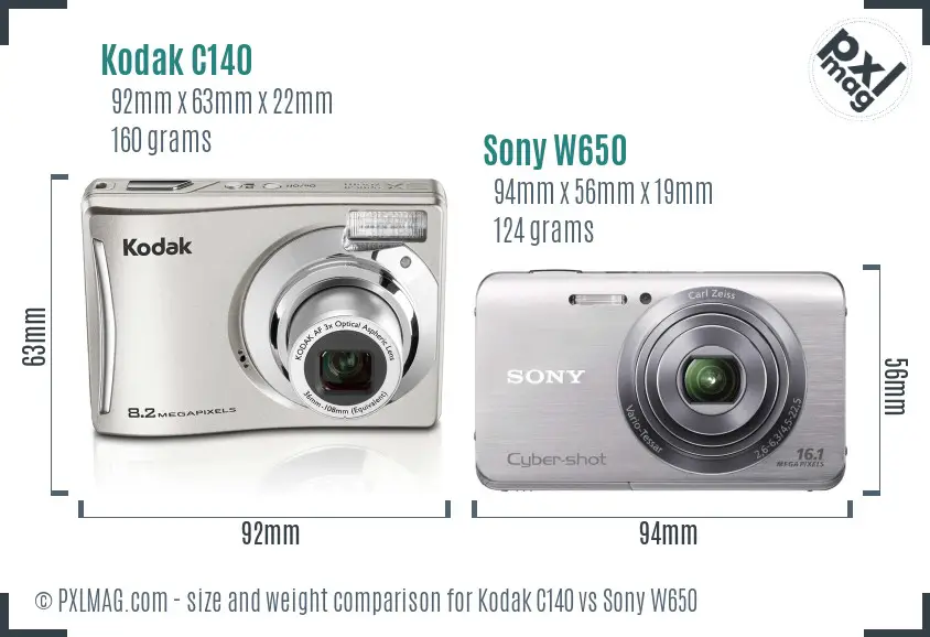 Kodak C140 vs Sony W650 size comparison