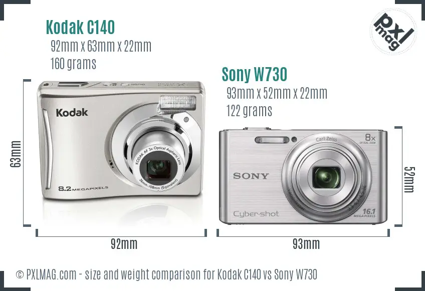 Kodak C140 vs Sony W730 size comparison