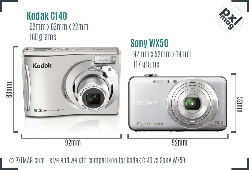 Kodak C140 vs Sony WX50 size comparison