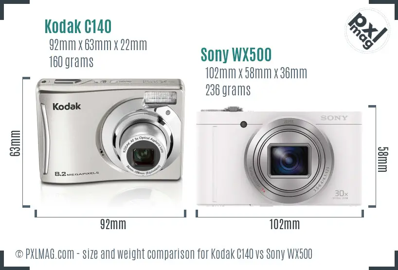 Kodak C140 vs Sony WX500 size comparison