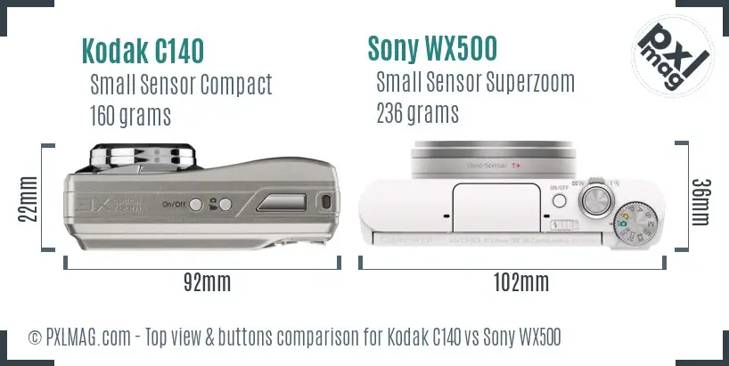 Kodak C140 vs Sony WX500 top view buttons comparison