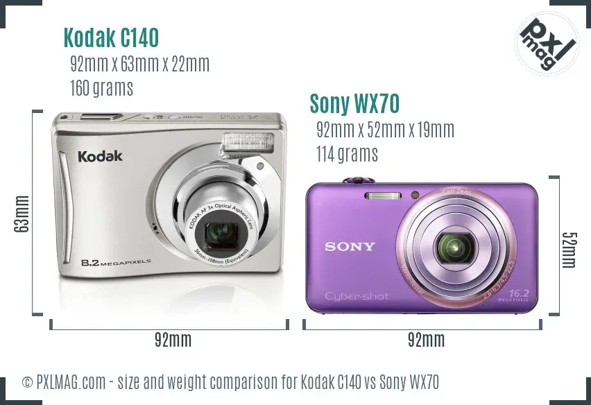 Kodak C140 vs Sony WX70 size comparison