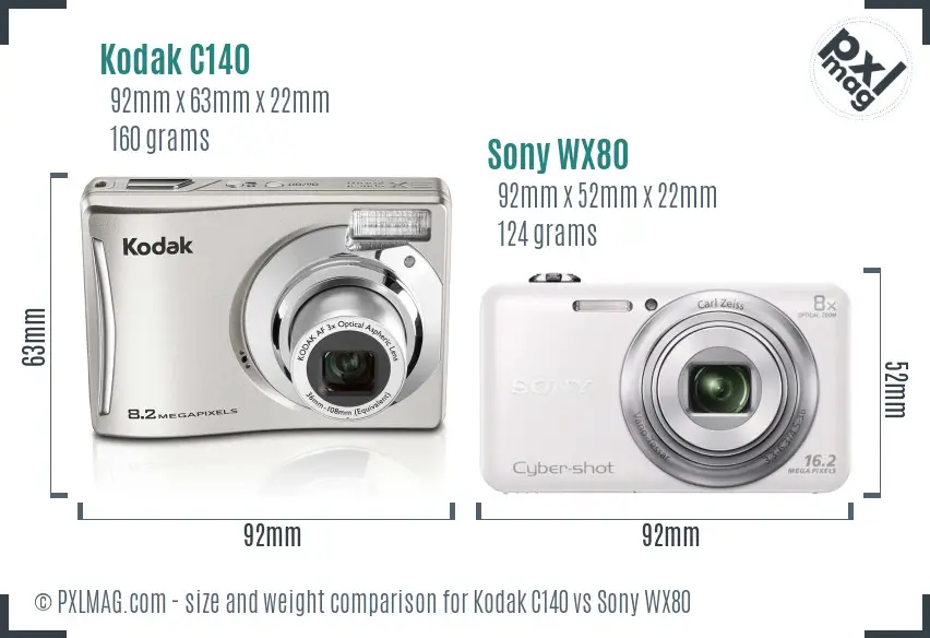 Kodak C140 vs Sony WX80 size comparison