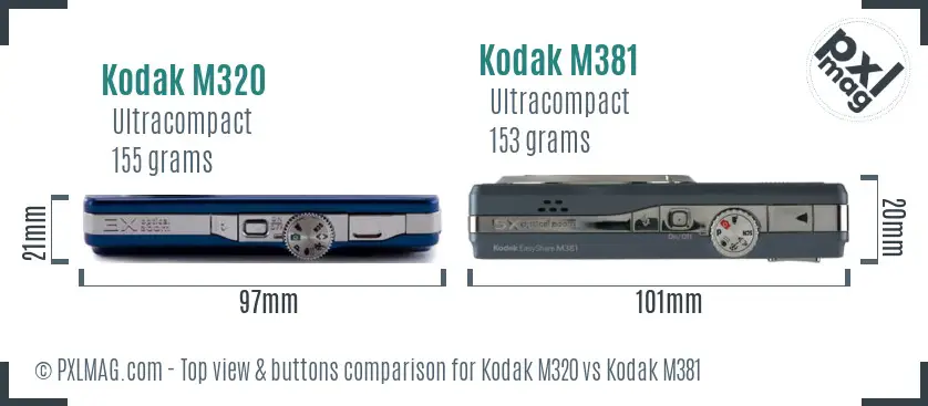 Kodak M320 vs Kodak M381 top view buttons comparison