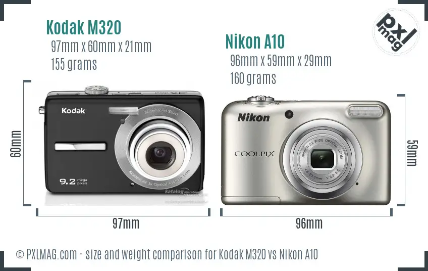 Kodak M320 vs Nikon A10 size comparison