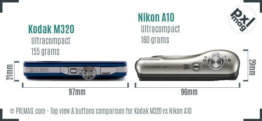Kodak M320 vs Nikon A10 top view buttons comparison