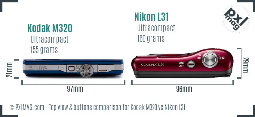 Kodak M320 vs Nikon L31 top view buttons comparison