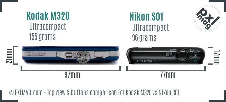 Kodak M320 vs Nikon S01 top view buttons comparison Kodak M320 vs Nikon S01 top view buttons comparison