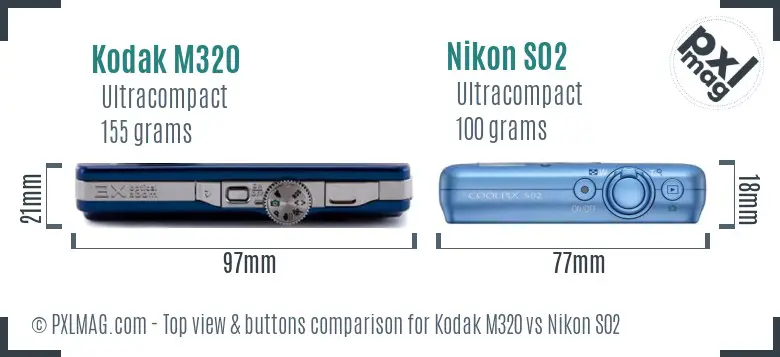 Kodak M320 vs Nikon S02 top view buttons comparison