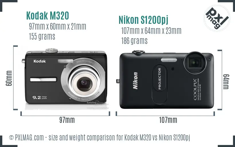 Kodak M320 vs Nikon S1200pj size comparison