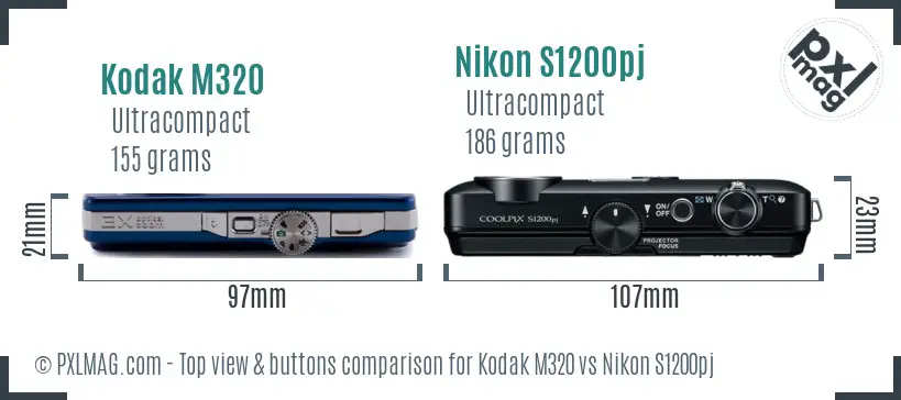 Kodak M320 vs Nikon S1200pj top view buttons comparison