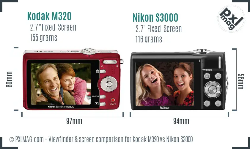 Kodak M320 vs Nikon S3000 Screen and Viewfinder comparison