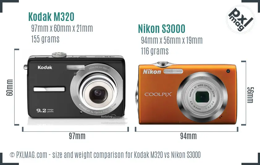 Kodak M320 vs Nikon S3000 size comparison