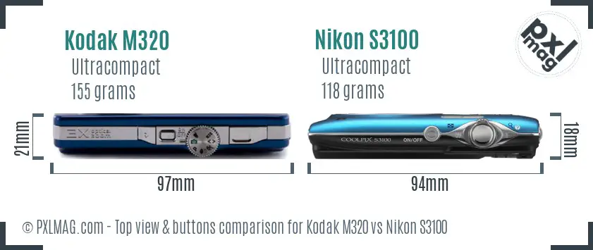Kodak M320 vs Nikon S3100 top view buttons comparison