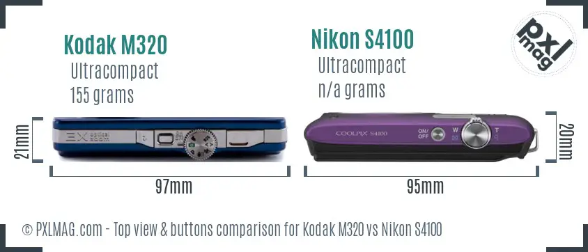 Kodak M320 vs Nikon S4100 top view buttons comparison Kodak M320 vs Nikon S4100 top view buttons comparison
