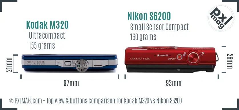 Kodak M320 vs Nikon S6200 top view buttons comparison